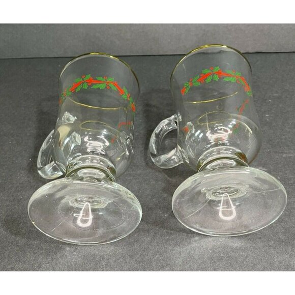 Vintage Libby Christmas Holly Berries Footed Irish Coffee Mug Set of 2 Gold Rim - Picture 9 of 10
